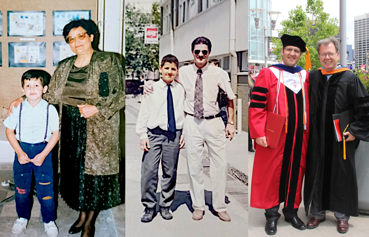 Collage of three photos: a boy with his kindergarten teacher, then in middle school with a mentor, and finally as an adult with his PhD advisor at graduation.